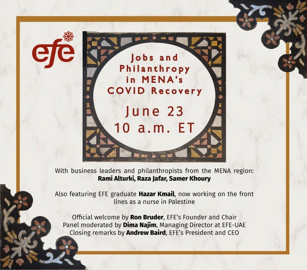 Education For Employment Virtual Event "Jobs and Philanthropy in MENA's COVID Recovery" on June 23 at 5pm Amman time. Click this link to register us02web.zoom.us/webinar/regist… <a href="/EFE_jor/">EFE-Jordan</a>