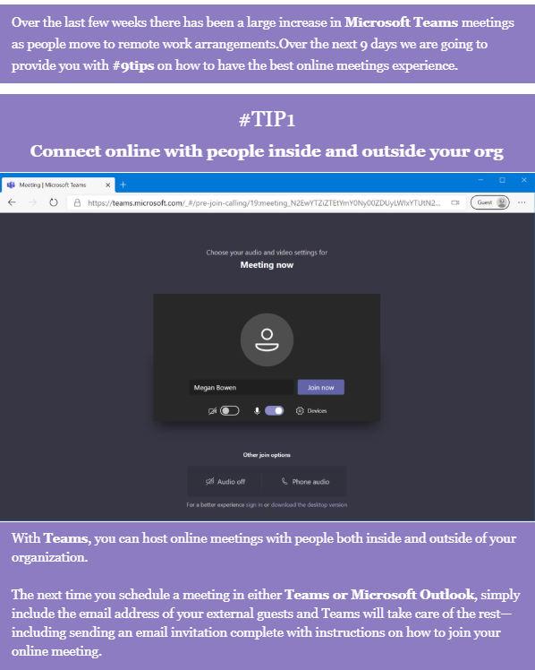 techbridgeindia's tweet photo. Over the next 9 days we are going to provide you with #9tips on how to have the best online meetings experience.
#TIP1
Connect online with people inside and outside your org
For more details Contact Us : https://t.co/5iSokb2MxR
#microsoftteams  #ucaas  #wfh #onlinemeeting https://t.co/gtcwrf0ouQ