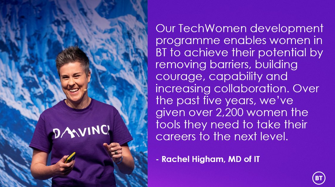 BTGroup's tweet photo. Over the past 5 years, our TechWomen programme has given over 2,200 women the tools they need to take their careers to the next level. 
-Rachel Higham, MD of IT https://t.co/9wEvFqRGub
