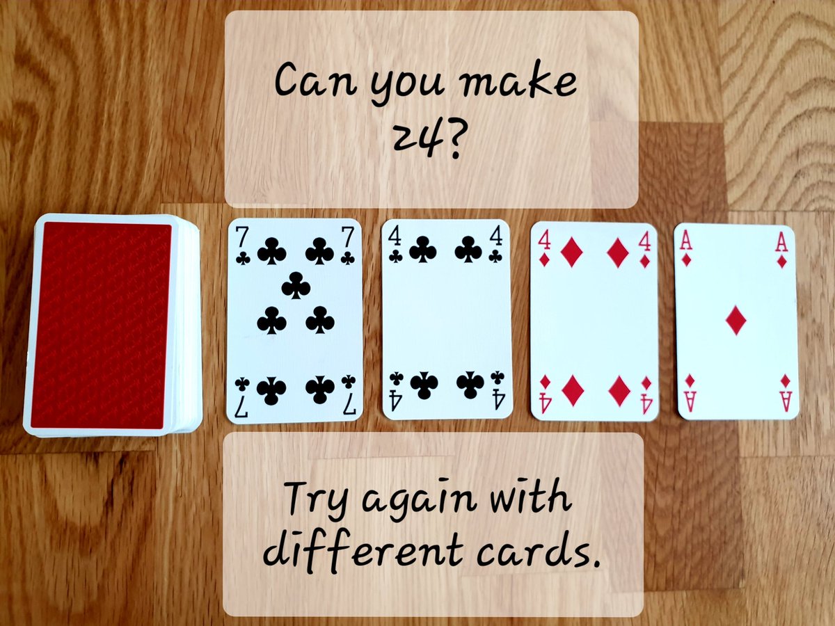 MoorePrimary's tweet image. MATHS CHALLENGE

Can you make 24? 

Turn over four cards and try to make 24 in any way you can. Try again with different cards! 

#homelearning #mathseveryonecanathome #mathschallenge