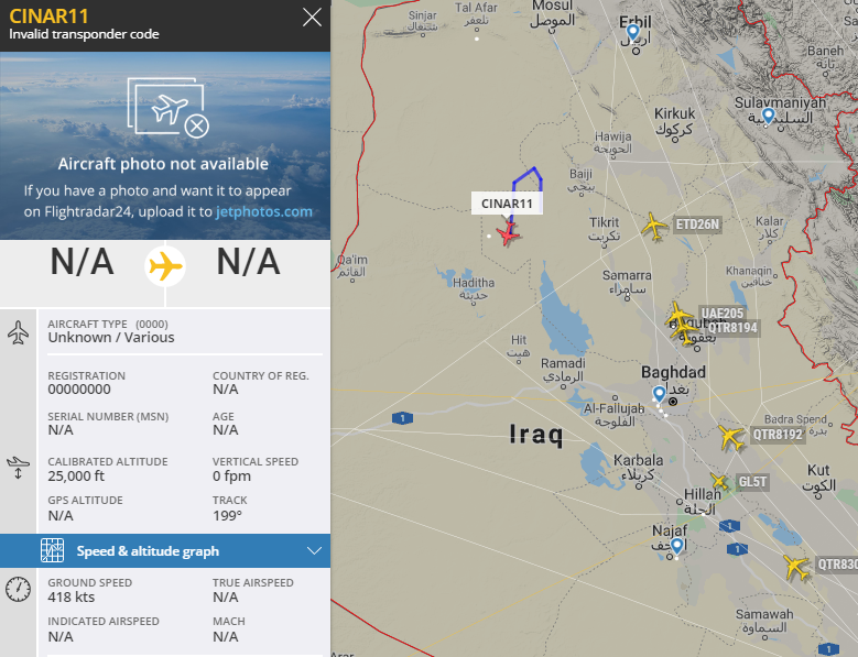 Gerjon_'s tweet photo. A military plane using mishex 000001 from 🇦🇪#AlDhafra Air Base (UAE) is currently circling over 🇮🇶#Iraq. Callsign #NIGHT01 is now changed into #CINAR11. https://t.co/6UKtPXHj8v