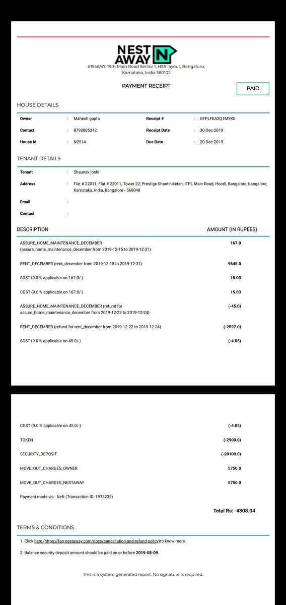 ShaunakSJoshi's tweet image. @nestawayhomes @NestAwayCare 
 It's been 6 months since my rent agreement was finished and yet my security deposit has not been paid. I have called customer service since months yet nothing has happened ! #bad_service 
Totally abhorrent service !! Would never recommend !