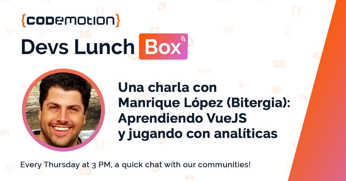 CodemoMadrid's tweet photo. Como todos los Jueves tenemos ración doble de #DevsLunchBox. En nuestra #CodemoCharlas hablamos con @jsmanrique sobre analíticas (obviamente) y qué está aprendiendo en esta cuarentena.
⏰ A partir de las 15 hs.
🌐 https://t.co/DbZ3K6BDLF https://t.co/MRxIUIpy5C