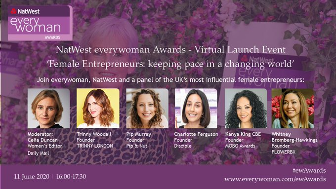 🌟It's the NatWest everywoman Awards Virtual Launch Event this afternoon! A panel of the UK's most influential entrepreneurs will discuss 'Female Entrepreneurs: Keeping pace in a changing world'. 4pm, register now everywoman.com/events-awards/… #NatWestWIB #ewAwards #WomenInBusiness