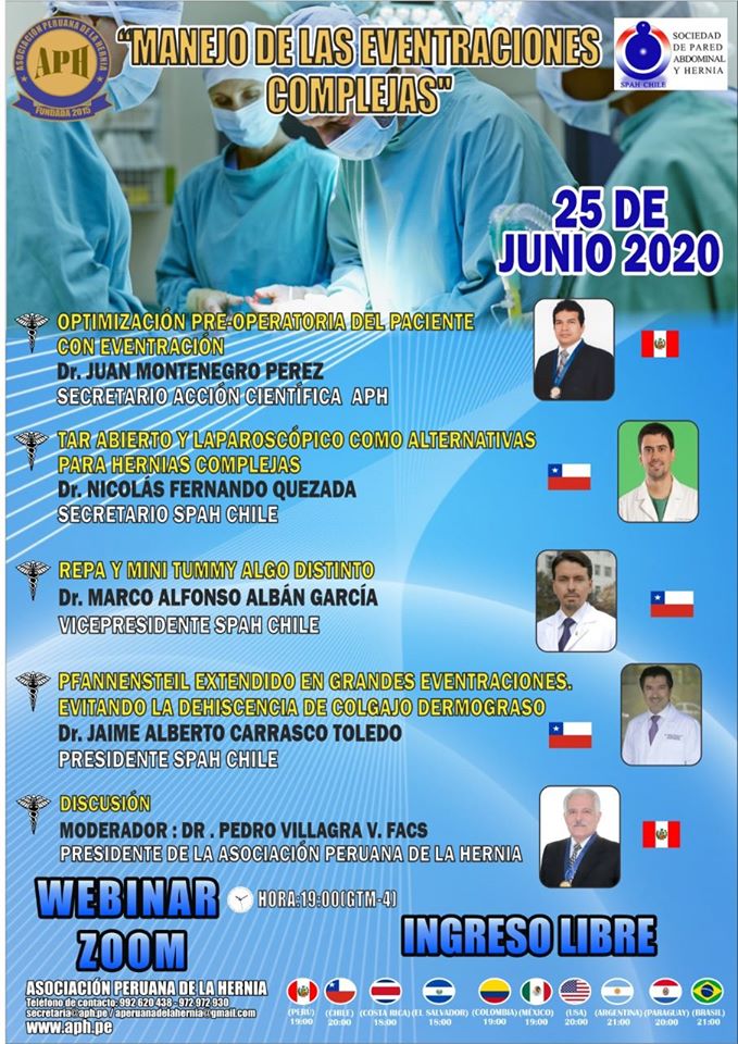 European Hernia Society (@eurohernias) on Twitter photo #HerniaLearnLive 'Manejo de las Eventraciones Complejas' Peruvian and Chile Hernia Societies.
June 25, 2020 @ 7 pm EST
Register 👉 secretaria@aph.pe
#HerniaSurgery #HerniaFriends #SoMe4Surgery #HerniaEvent #HerniaWebinar #HerniaLearnLive 'Manejo de las Eventraciones Complejas' Peruvian and Chile Hernia Societies.
June 25, 2020 @ 7 pm EST
Register 👉 secretaria@aph.pe
#HerniaSurgery #HerniaFriends #SoMe4Surgery #HerniaEvent #HerniaWebinar
