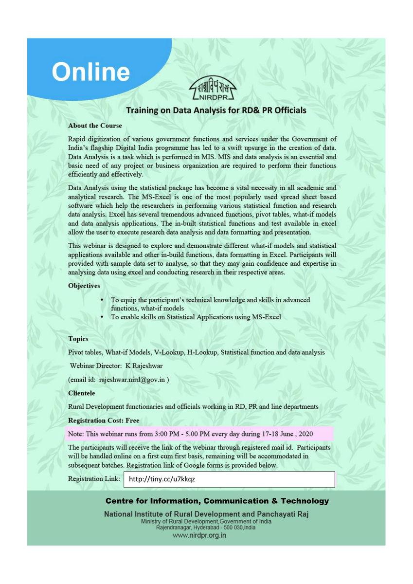 NIRDPR_India's tweet photo. #Webinar- Training on #DataAnalysis for #RuralDevelopment and #PanchayatiRaj Officials to be conducted on 17-18 June, 2020 at 3.00 PM-5.00 PM

Register- https://t.co/6PpmQauN3k

@MoRD_GOI @mopr_goi #Statistics #StatisticalTools #Analysis #DataFormating https://t.co/wpPG1f3Zlb