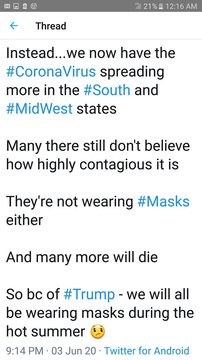 Adding this to my threadIt's June 10The simple act of wearing a  #Mask would go a looong way in stopping the spread of  #CoronaVirusBut  #Trump &  #Republicans &  #FoxNews are more concerned with a tough image vs saving livesSo vain of them.. #COVID19  #DeathCount is 115,130