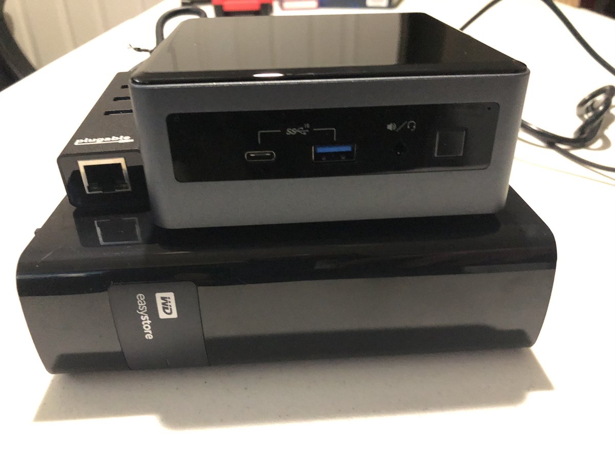 New NUC-based homelab:
- Intel i7-10710U 6c12t
- 64GB DDR4 2666MHz
- Onboard GbE (trunked VM traffic)
- Thunderbolt GbE (pcap)
- 64GB USB 3.0 flash (hypervisor)
- 1TB 970 EVOPlus NVMe (pcaps/logs)
- 2TB 860 QVO SSD (VMs)
- 10TB WD 5400RPM HDD (WareZ)