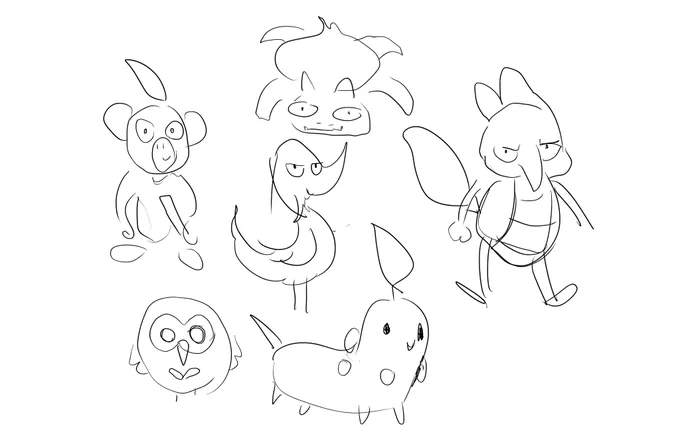 I tried real quick to draw all the grass starters from memory, I don't even know what that duck in the middle is supposed to be 