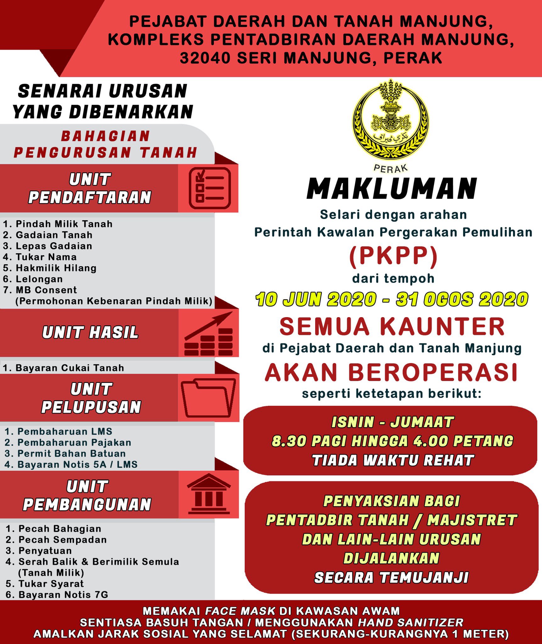 Pdtmanjung On Twitter Orang Awam Yang Berhasrat Untuk Berurusan Di Kaunter Pejabat Daerah Dan Tanah Manjung Dinasihatkan Mematuhi Garis Panduan Pencegahan Covid 19 Yang Telah Ditetapkan Oleh Kementerian Kesihatan Malaysia Dan Majlis Keselamatan