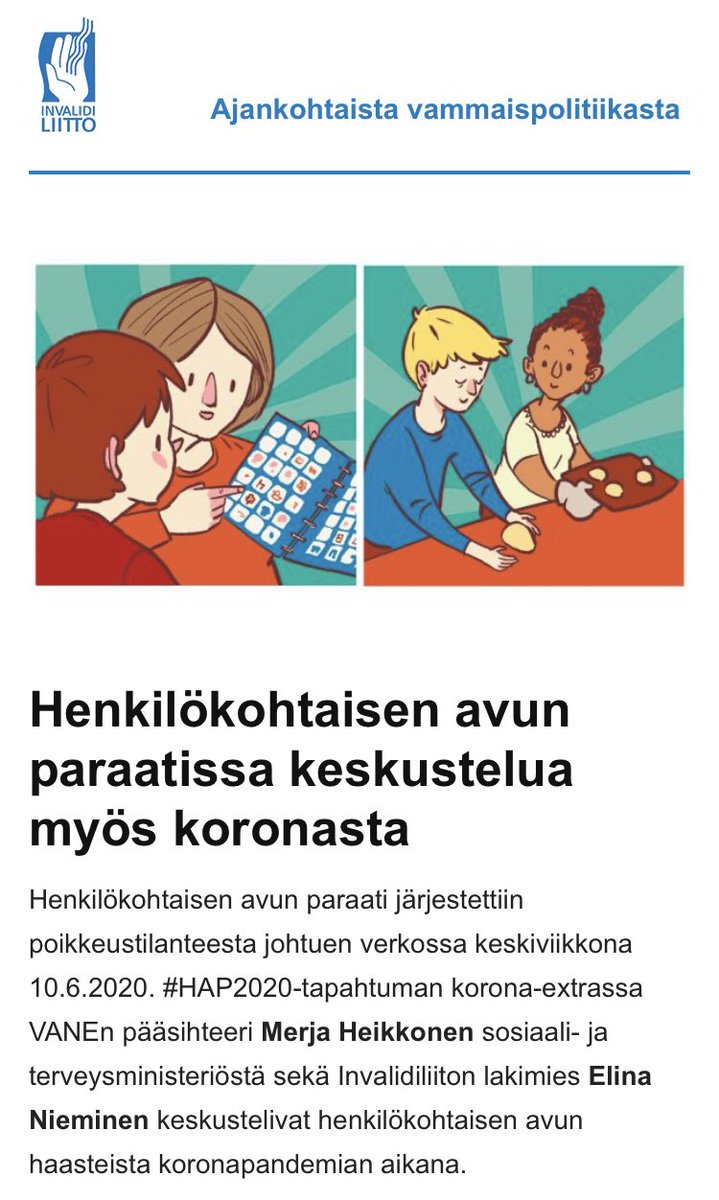 lauraandersson's tweet photo. .@Invalidiliitto'n #vammaispolitiikka #uutiskirje 6/20 julkaistu:
https://t.co/7BTulpkmHS
Ajankohtaiset aiheet: #henkilökohtainenapu #HAP2020 #koronafi #kestäväkehitys #påverkansarbete #funktionsvariationer #tieliikennelaki #pysäköinti #esteettömyys #yhdenvertaisuus #vammaiset https://t.co/atEPsEMBMJ