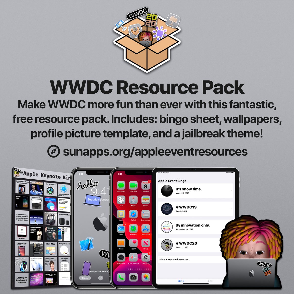 SunAppsLLC's tweet photo. We have two exciting things to announce today:

1. The new https://t.co/UzcEKJCF1M is finally live! It's an all-new design and we hope you will like it.

2. Every event, we do a Keynote Bingo sheet. Well, for WWDC, we're releasing a whole resource pack!
https://t.co/nJCnVvbZbx https://t.co/5ZRdNbLAHv