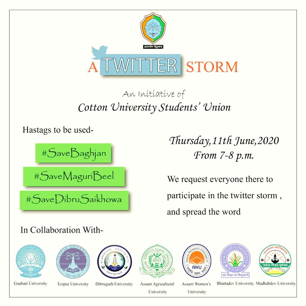 Today : 7-8 pm 
#SaveBaghjan #SaveMaguriBeel #SaveDibruSaikhowa

Please support the students of #CottonUniversity #GauhatiUniversity #TezpurUniversity #DibrugarhUniversity #AssamAgriculturalUniversity #AssamWomensUniversity #BhattadevUniversity #MadhabdevUniversity
জয় আই অসম 🙏