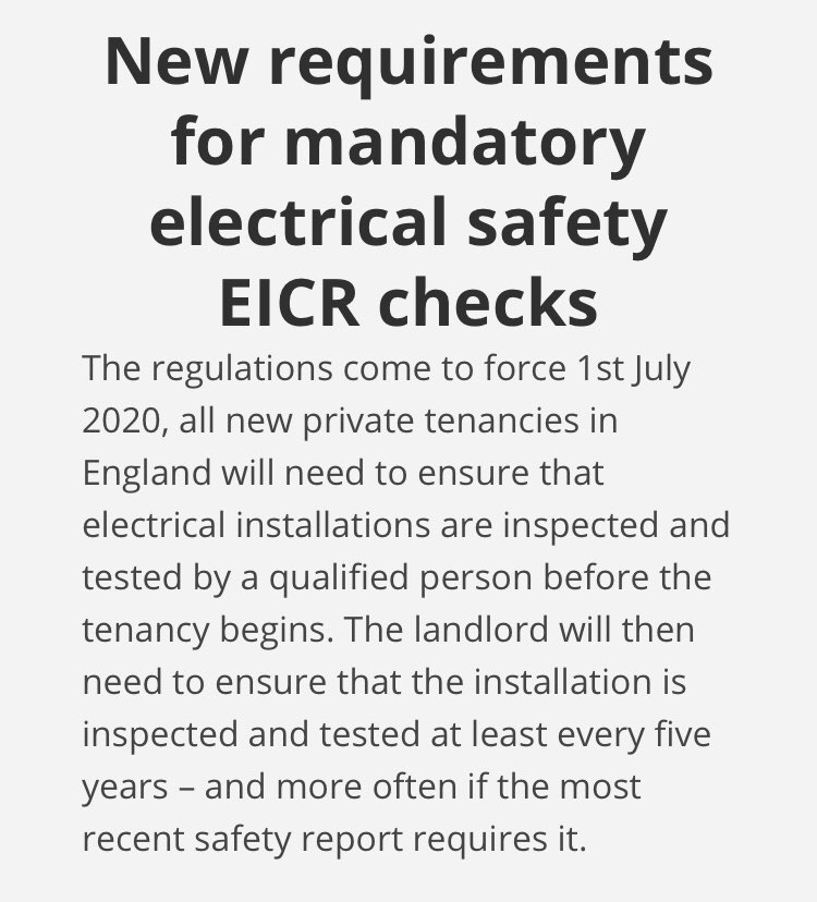 GemSolutionsUK's tweet photo. (EICR) Electrical Inspection Condition Reports, from 1st July 2020 all new rentals must comply with new regulations. Existing rentals must comply soon after. As a registered NICEIC electrical contractor we are here to help you meet the new requirements and avoid hefty penalties. https://t.co/6Ia0OFFWua
