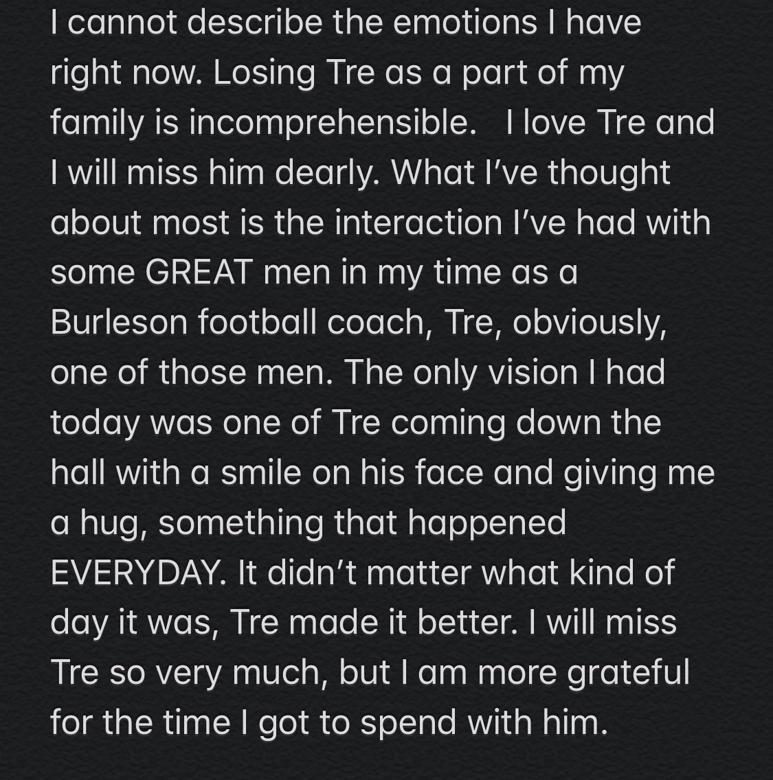 waynewayson's tweet image. It dawned on me that until last night my kids had never seen me cry. I’m still at a loss as to what has happened and I’m not sure I’ll ever truly understand. Tre will never be forgotten. #FlyHighTre #Rip20