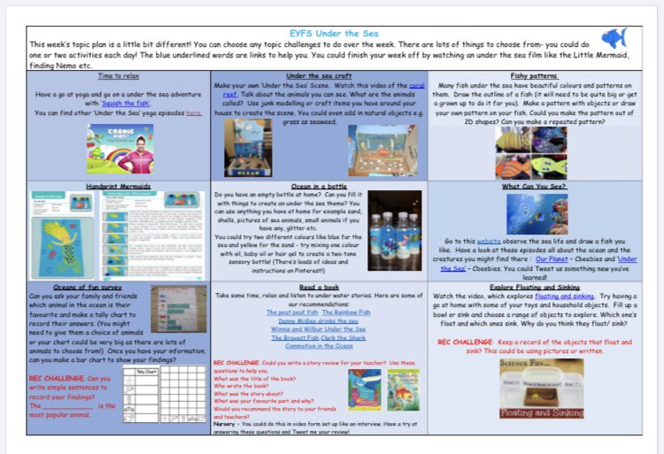 Good morning reception 👋
Remember to look at the school website for today’s maths and English. There are so many ideas for our Under the Sea topic too. Have a look 👀 what will you choose to do today? 🌈😊👍