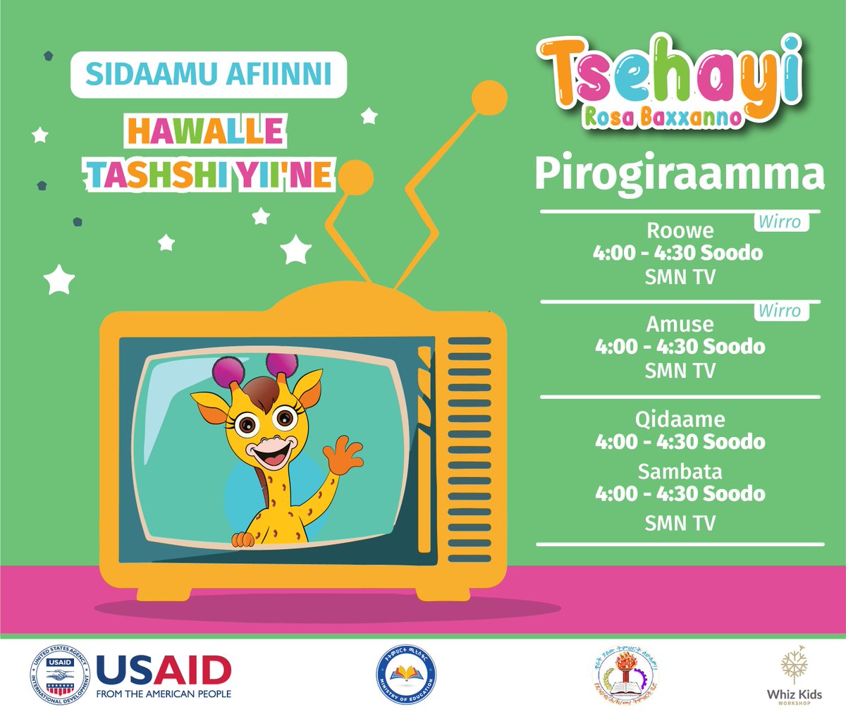 We are excited to announce that for the first time educational children TV is available in Hadiyyisa, Wolayittatto &amp; Sidaamu Afoo starting today. This is part of Tsehai Loves Learning project 
#LearningNeverStops #10MChildren <a href="/TsehaiLL/">Tsehai Loves Learning</a> <a href="/brukty/">Bruktawit Tigabu</a> <a href="/USAIDEthiopia/">USAID Ethiopia</a> <a href="/ReadingGCD/">All Children Reading</a> <a href="/fdremoe/">Ministry of Education Ethiopia</a>
