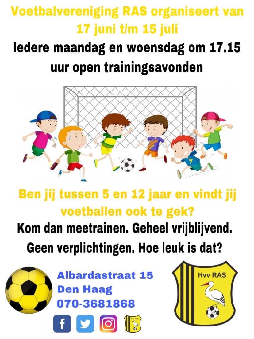 Open Trainingsavonden
Ben jij tussen de 5 en 12 jaar en vind jij voetballen ook helemaal te gek. Kom dan naar de open trainingsavonden die Voetbalvereniging RAS organiseert. Vanaf woensdag 17 juni ben je van harte welkom. Je mag dan gewoon met ons mee trainen. Geheel vrijblijvend