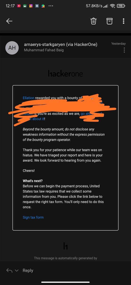 hackslash101's tweet photo. Alhumdullillah!!
First report at HackerOne and it got triaged plus a really nice bounty. Can't tell what was the weakness lol but anyways. I guess hours of watching Anime helped me achieved this xD https://t.co/GKlKs0gP7k