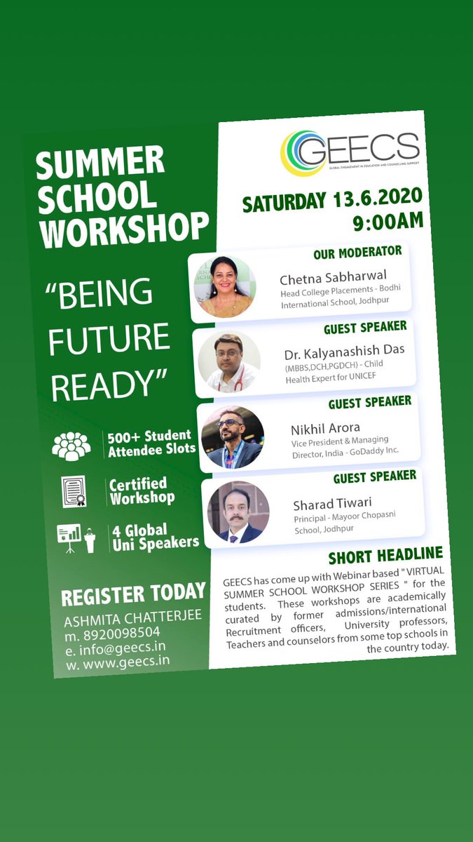 Join us as we deliberate on #futurereadiness For Ss of grade 11 &amp; 12 only. Register here: 
lnkd.in/ge_d7Av
<a href="/PranSang/">Pranav Sanghavi</a> <a href="/dp_2211/">Dimple Puri</a> <a href="/Shalini040876/">Shalini Chauhan</a> <a href="/upasanakinra/">UK</a> <a href="/sunita_rajiv/">Sunita Rajiv</a> <a href="/sodhisumedha/">Dr. Sumedha Sodhi #ClimateActionEdu</a> <a href="/TheAniketGupta2/">Aniket Gupta_The Thing is, I stutter</a> <a href="/Ayushchopra24/">Wizard Ayush 🎥🎞 #GoalsProject</a> <a href="/KambojAnanya/">Ananya Kamboj 🇮🇳🇨🇦</a> <a href="/joshi_anjna/">Anjna joshi</a> <a href="/ApraRalli/">@of teaching& learning.</a>