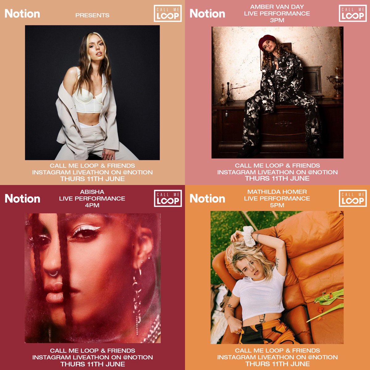 callmeloop's tweet photo. LIVEATHON NUMBER 2! Today 10AM-10PM. With these amazing women. Over on @NotionMagazine’s Instagram! Tune in ⚡️ https://t.co/vymsVz2H83
