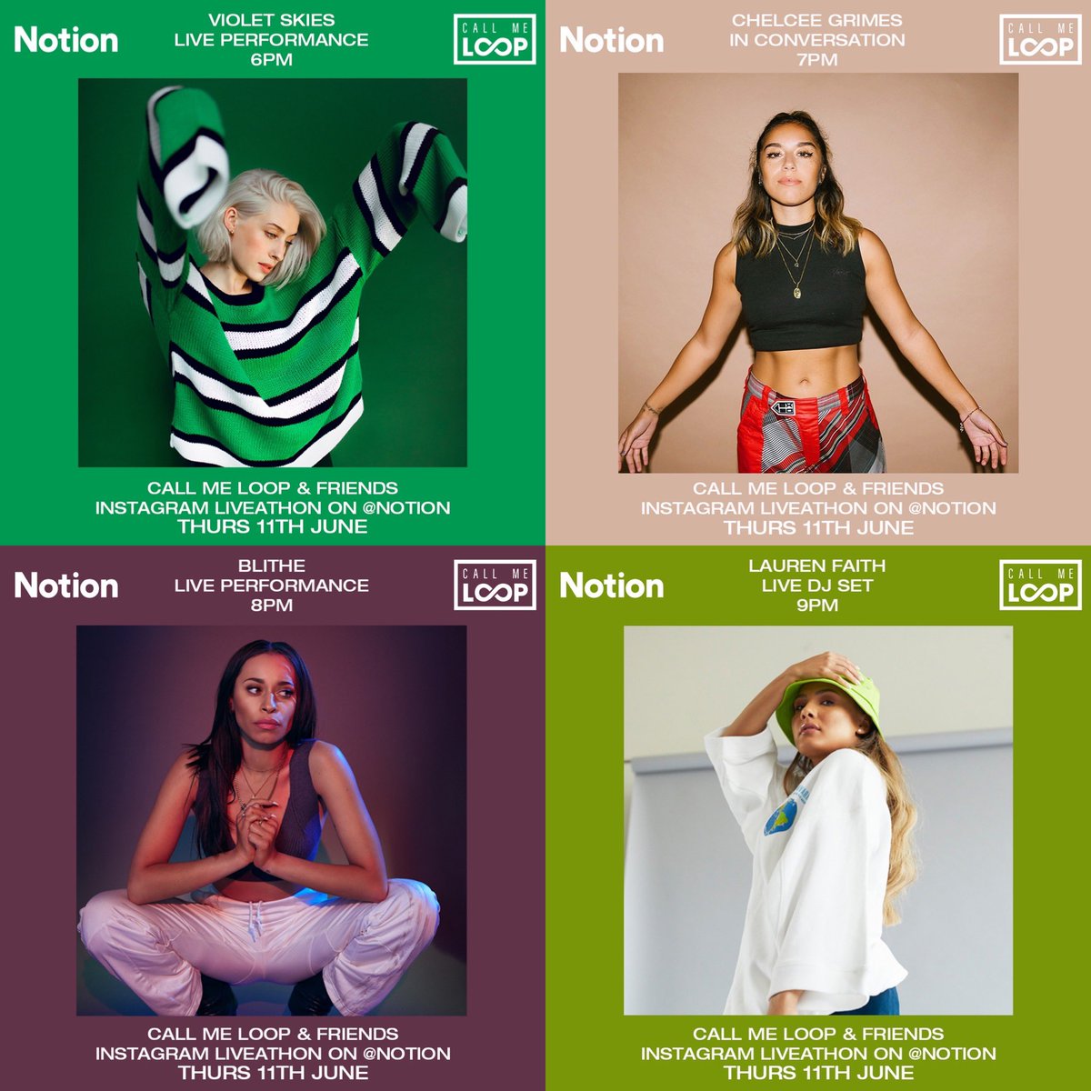 callmeloop's tweet photo. LIVEATHON NUMBER 2! Today 10AM-10PM. With these amazing women. Over on @NotionMagazine’s Instagram! Tune in ⚡️ https://t.co/vymsVz2H83