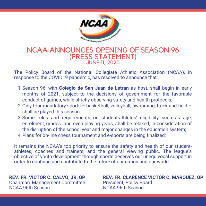 In light of the COVID-19 pandemic, the NCAA, which traditionally opens its new season in July, will start its season 96 in the early months of 2021.

Basketball, Volleyball, Swimming, and Track and Field are the only sports that will be played for this season.

Image from CSJL