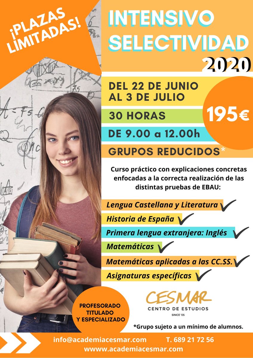 AcademiaCESMAR's tweet photo. ¿Preparados? ¿Listos? ¡VAMOS A POR #Selectividad2020! 🙌📚 
Te ayudamos a superar la prueba con nuestro curso intensivo:  repaso, ejercicios prácticos y simulacros de cada asignatura ✅ 

📆 Del 22 de junio al 3 de julio.
RESERVA TU PLAZA en el 689 21 72 56 📲 
 #Marbella https://t.co/JPRy8ZHRkp