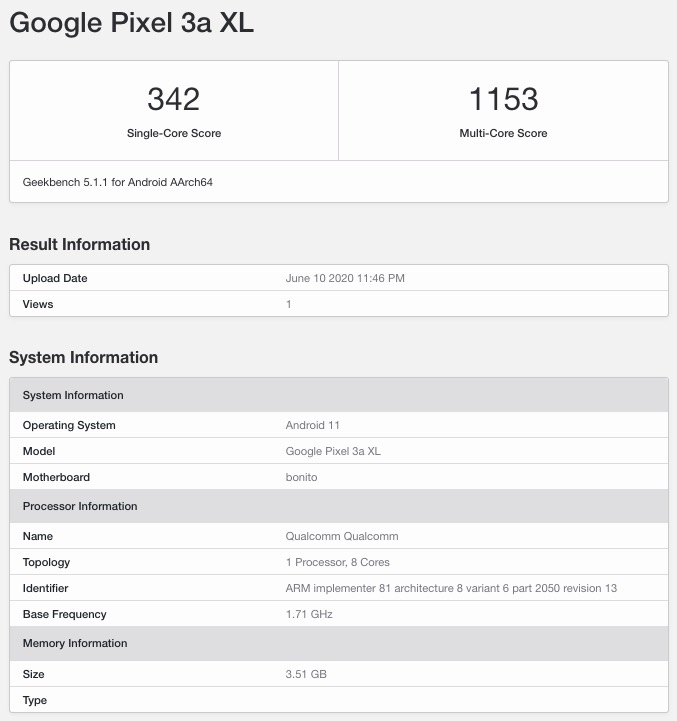 smartvenkat95's tweet photo. Google Pixel Phones Running Android 11 Appeared on Geekbench Listing
#GooglePixel3XL #GooglePixel3a #GooglePixel3aXL https://t.co/sS5gn1h6N5