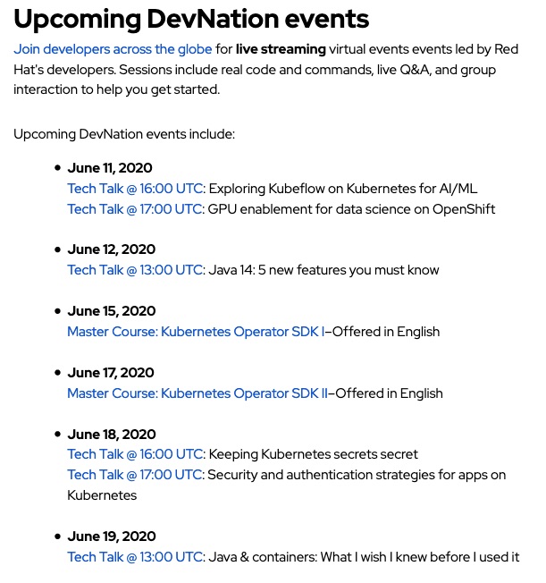 gresch's tweet photo. Upcoming #tech_talks and master courses on @DevNationConf https://t.co/rLiKZ4htYi hosted by @burrsutter
Normally I don't spam via this account for @RedHat, but this gives value for all interested in #dev #tech #k8s #kubernetes #java
Gives you the chance for Q&A!
Recommended. https://t.co/JYL8b8MAIb