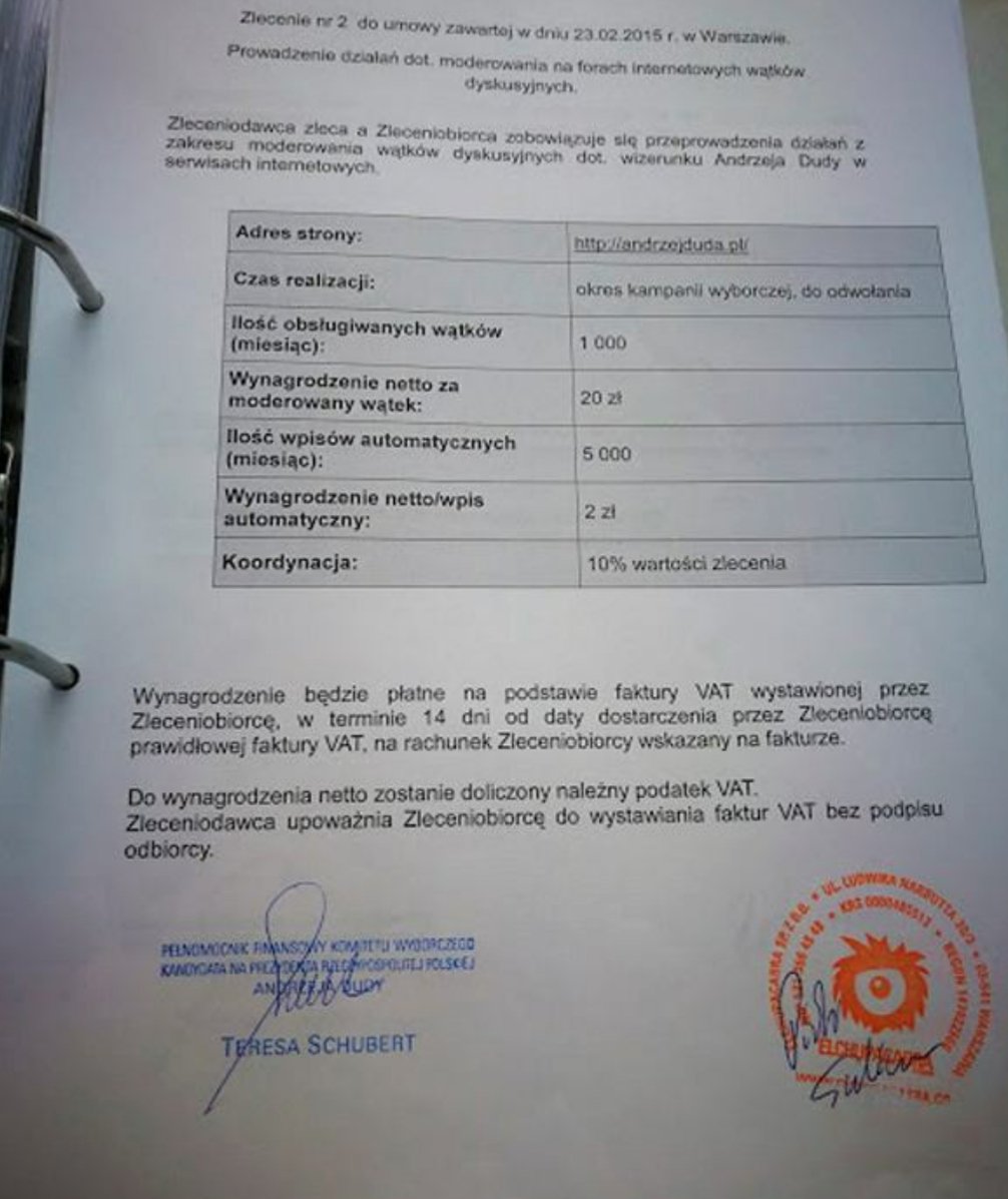 20 zł za wątek, 5 tys. wpisów w każdym wątku, 2 zł za wpis - taką umowę podpisał w 2015 r. sztab wyborczy Andrzeja #Dudy ze spółką tworzącą fałszywe konta w internecie❗

#MamyDość
wyborcza.pl/7,75398,239177…