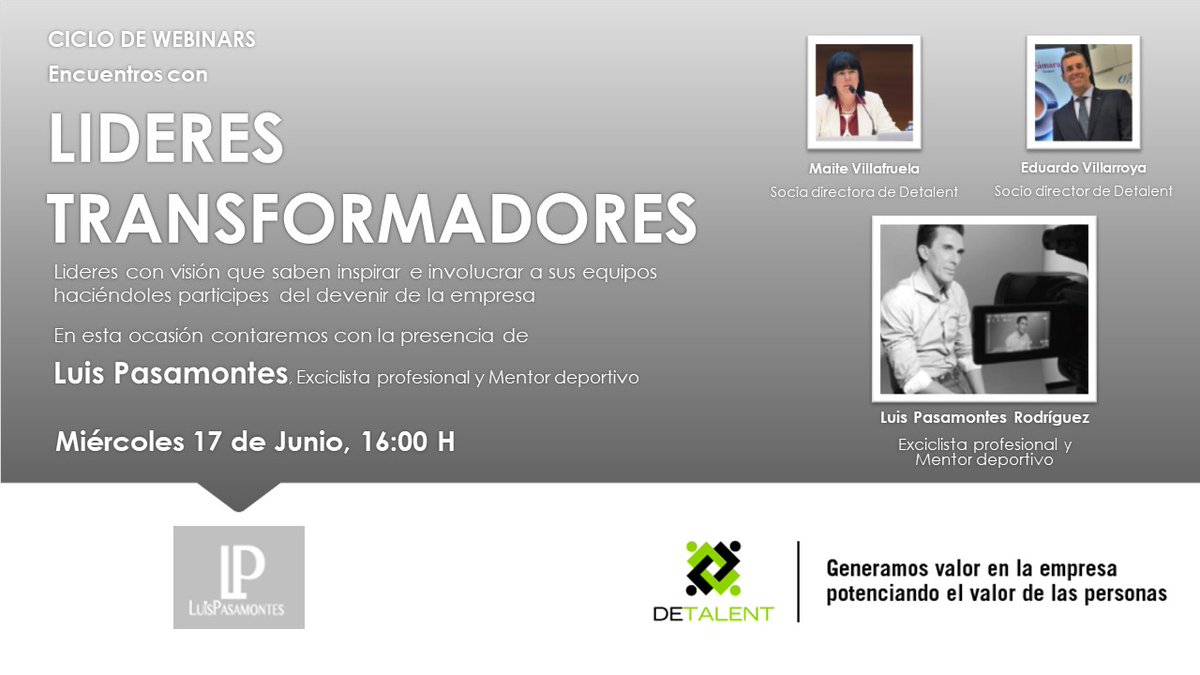 El Miércoles día 17 a las 16H  conversaremos con Luis Pasamontes ex ciclista profesional y actual mentor deportivo sobre “El liderazgo del gregario” ¿Por qué en la empresa como en el ciclismo los gregarios son tan importantes como el líder?

Inscripción
lnkd.in/dPtH5vK
