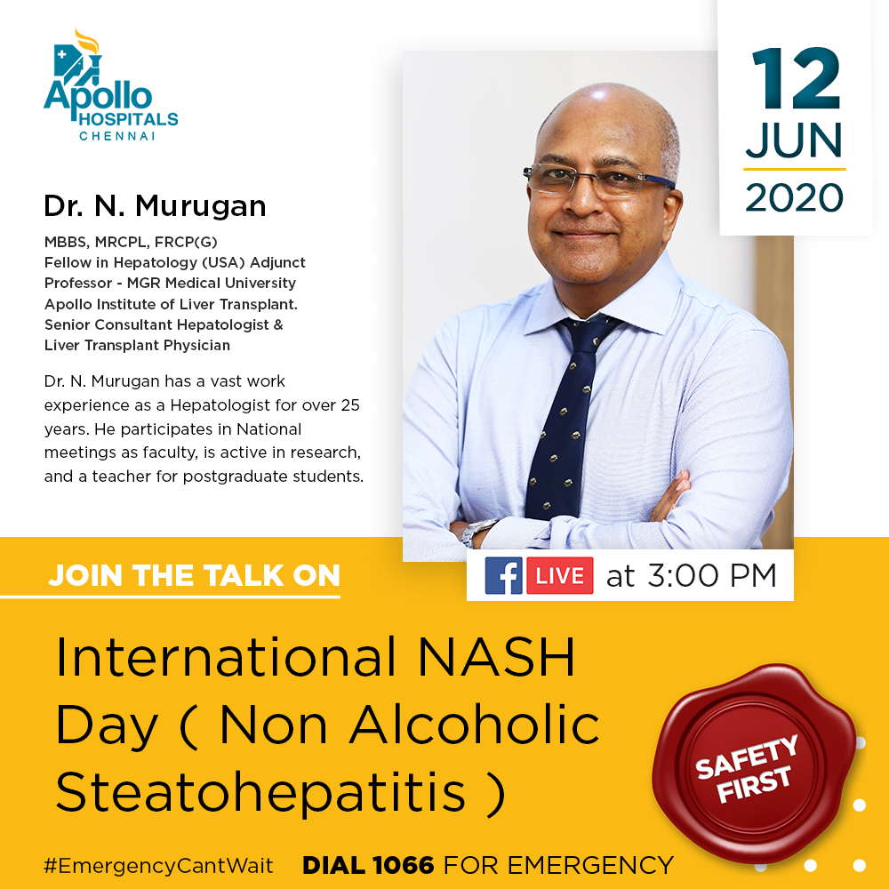 Apollo_Chennai's tweet photo. Live discussion on 'International NASH Day(Non Alcoholic Steatohepatitis)' with Dr. N. Murugan at Apollo Hospitals, Chennai, on our FB Page on 12th June at 3:00 PM.
#NASHDay #NASHAwareness #CareCantWait #ApolloHospitals #ApolloChennai #FBLive https://t.co/M8ql3mccUU