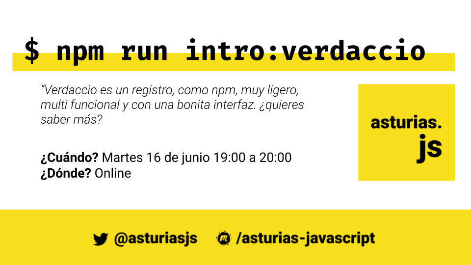 asturiasjs's tweet image. 🚀 ¡Nos volvemos a juntar el próximo martes!

&quot;Introducción a @verdaccio_npm&quot; por @jotadeveloper 

📅 Martes 16 Junio
⏰ 19:00h a 20:00h GMT+2
🔗 meetup.com/es-ES/asturias…