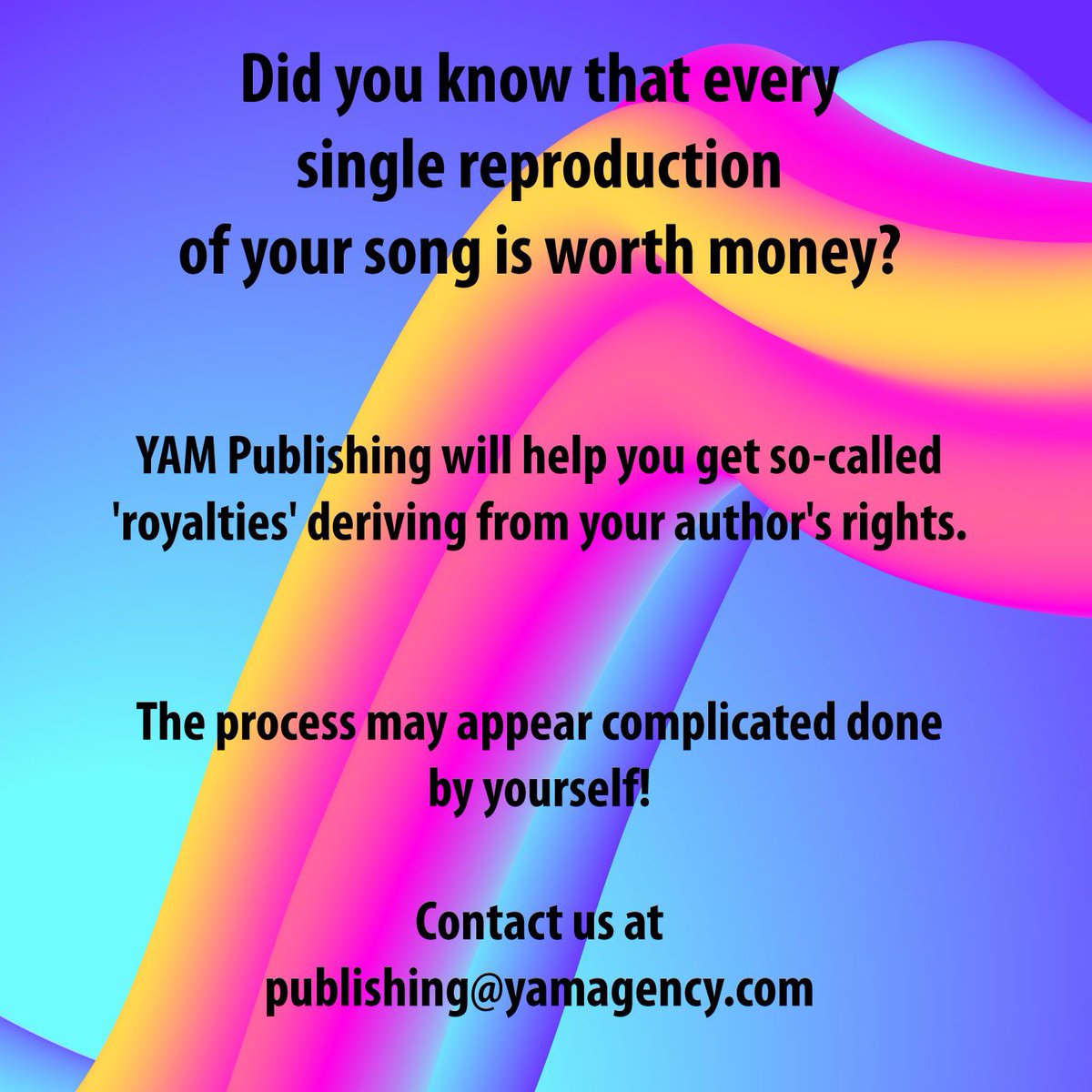 This month we collect over 82000 € for our artists.

Would you get paid for your music rights? 

Don't be lazy, contact us for more info and explanations on "how it works". You can send us an email to: publishing@yamagency.com
