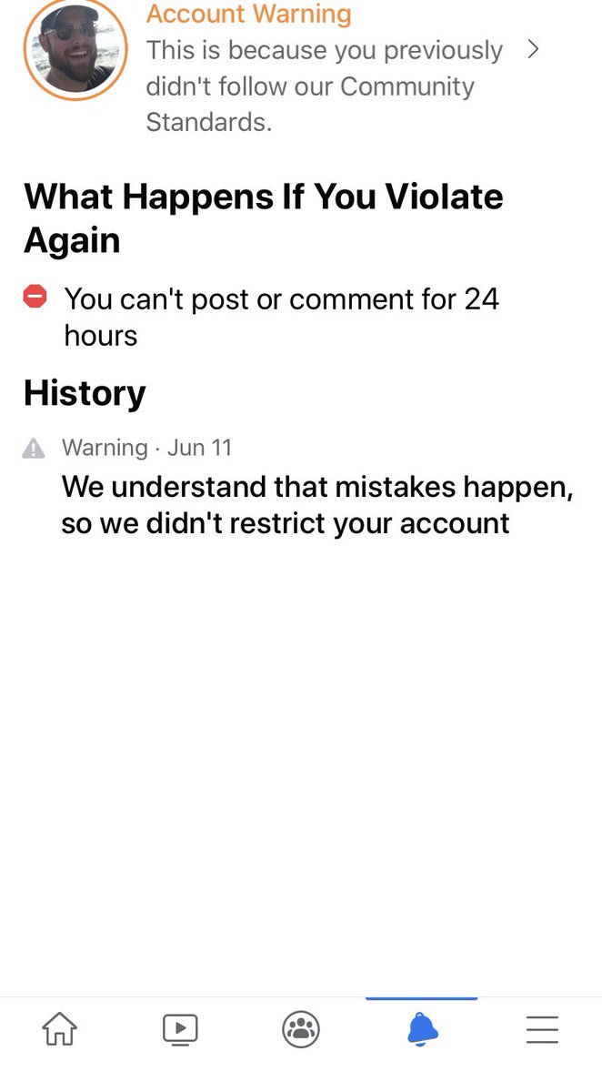 SuspendThePres's tweet photo. Experiment Update - Facebook took almost exactly a week but they just issued their first warning. Forced deletion of content, if found in violation again will face a 24 hour suspension. Their reason? “Post goes against Community standards on violence and incitement.” https://t.co/mmvzptX9ux