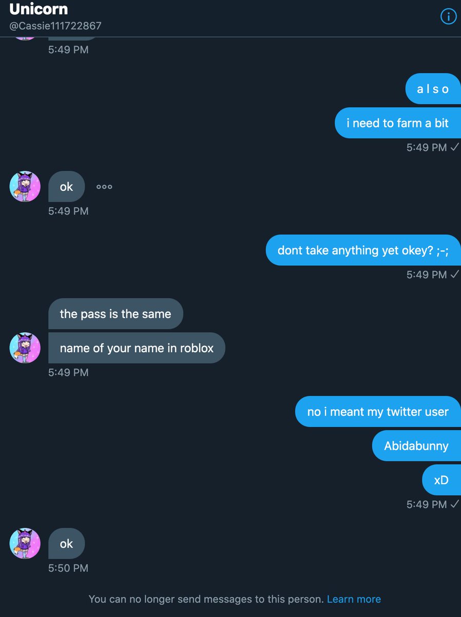 𝔄𝔟𝔦𝔤𝔞𝔦𝔩 On Twitter Beware Cassie111722867 Shes A Scammer She Scammed Me For My Whole Roblox Acc - beware scammers are now following people on twitter roblox