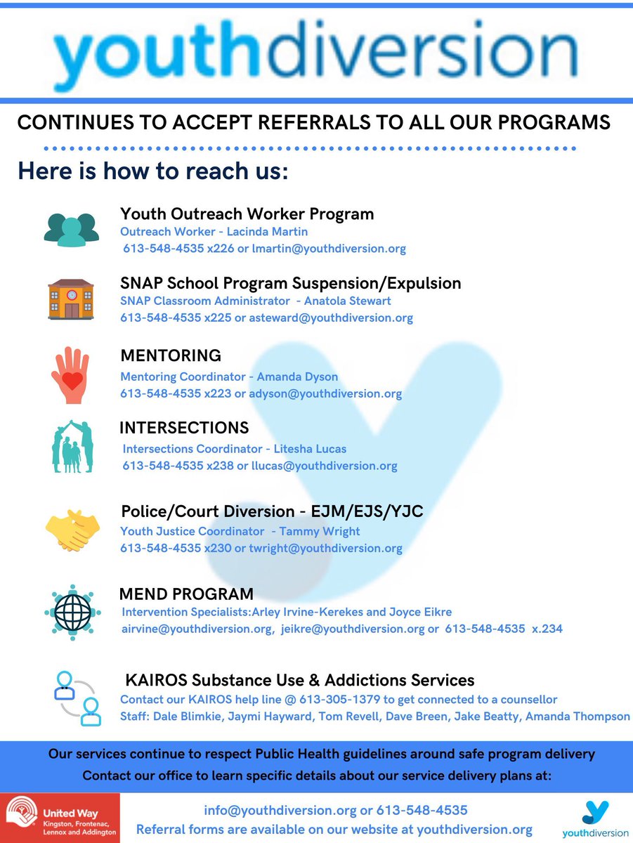 Wondering how to reach us for services?  Check out our programs and who to contact for more details.  #ygk #addictions #harmreduction #mentoring #mend #restorativejustice #restorativepractices #outreachworker #intersections #ejm <a href="/youth2kfla/">Youth 2 KFL&A</a> <a href="/unitedwaykfla/">United Way KFL&A</a> <a href="/FACSFLA/">FamChildrenServices</a> <a href="/LimestoneDSB/">Limestone District School Board</a>