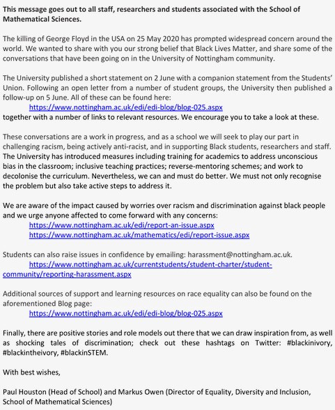 UoNMaths's tweet photo. #BlackLivesMatter 
Our own statement can be seen here! https://t.co/sSdl0Ty7sU