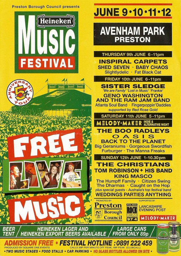 On June 11th 1994 Oasis played at the Avenham Park Festival in Preston.

Q: What was the price to watch the band to play a nine song set? 
A: Nothing 

Listen to a quality audience recording of the set in the link below.  

tinyurl.com/ycrufcze