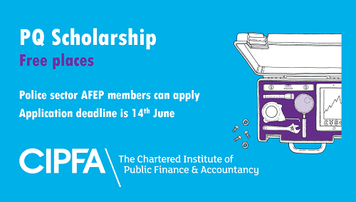 CIPFA's tweet photo. AFEP PQ scholarship initiative - Free places available to #AFEP members. To apply and learn more about how we are reinvesting back into the #policesector, visit https://t.co/1CXx0NFK4F

#NPCC @PoliceChiefs @AssocPCCs #PACCTS #CIPFAPolice2020 https://t.co/qj5fFk1V9b