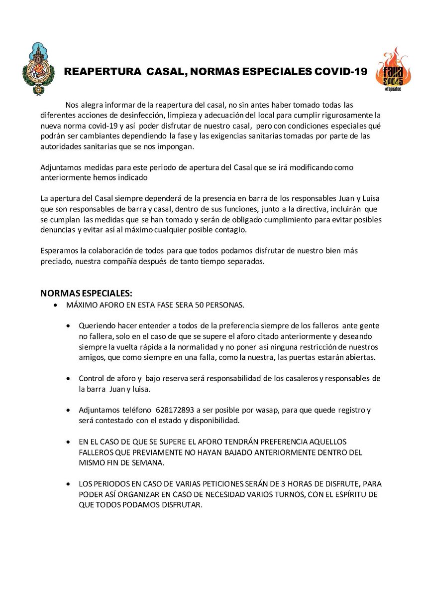 Fallaspu45_'s tweet photo. Buenos días falleros !! 

Nos alegramos de comunicaros que a partir de esta tarde volvemos a abrir el casal para uso y disfrute de todos los falleros. https://t.co/rDQr3fEQ1X