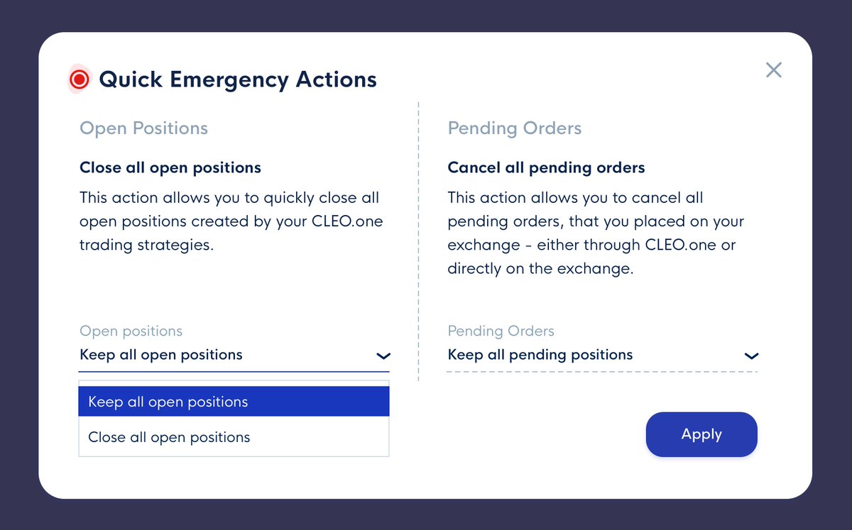 The new Strategy Results page on CLEO.one looks 🔥

@CleoOneOfficial also added a new feature:

Panic buttons ⚠️

• Pause all strategies from opening new trades

• Close all positions &amp; pending orders

Extremely useful when $BTC makes a strong move

#ad #Bitcoin