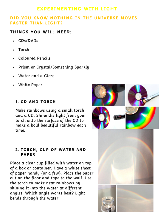 IctNewark's tweet photo. Today's STEAM challenge is: EXPERIMENTING WITH LIGHT🌈🔦

Have a go at some of the ideas below! 

Watch the video to help you understand some more about the Science behind Light. ⭐️

https://t.co/nH9ClMU6o6 https://t.co/2NllvYmXgG