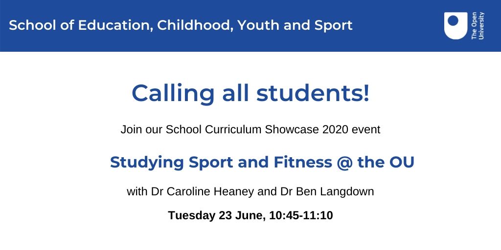 CALLING ALL #TeamOUsport STUDENTS:
Please join <a href="/BenLangdown/">Dr Ben Langdown</a> &amp; <a href="/caheaney/">Dr Caroline Heaney</a> live on Tues 23 June (10:45-11:15) for a chat about exciting new developments on the BSc Sport, Fitness &amp; Coaching degree, busting myths in sport &amp; fitness, and mental health in sport learn2.open.ac.uk/blocks/news/me…