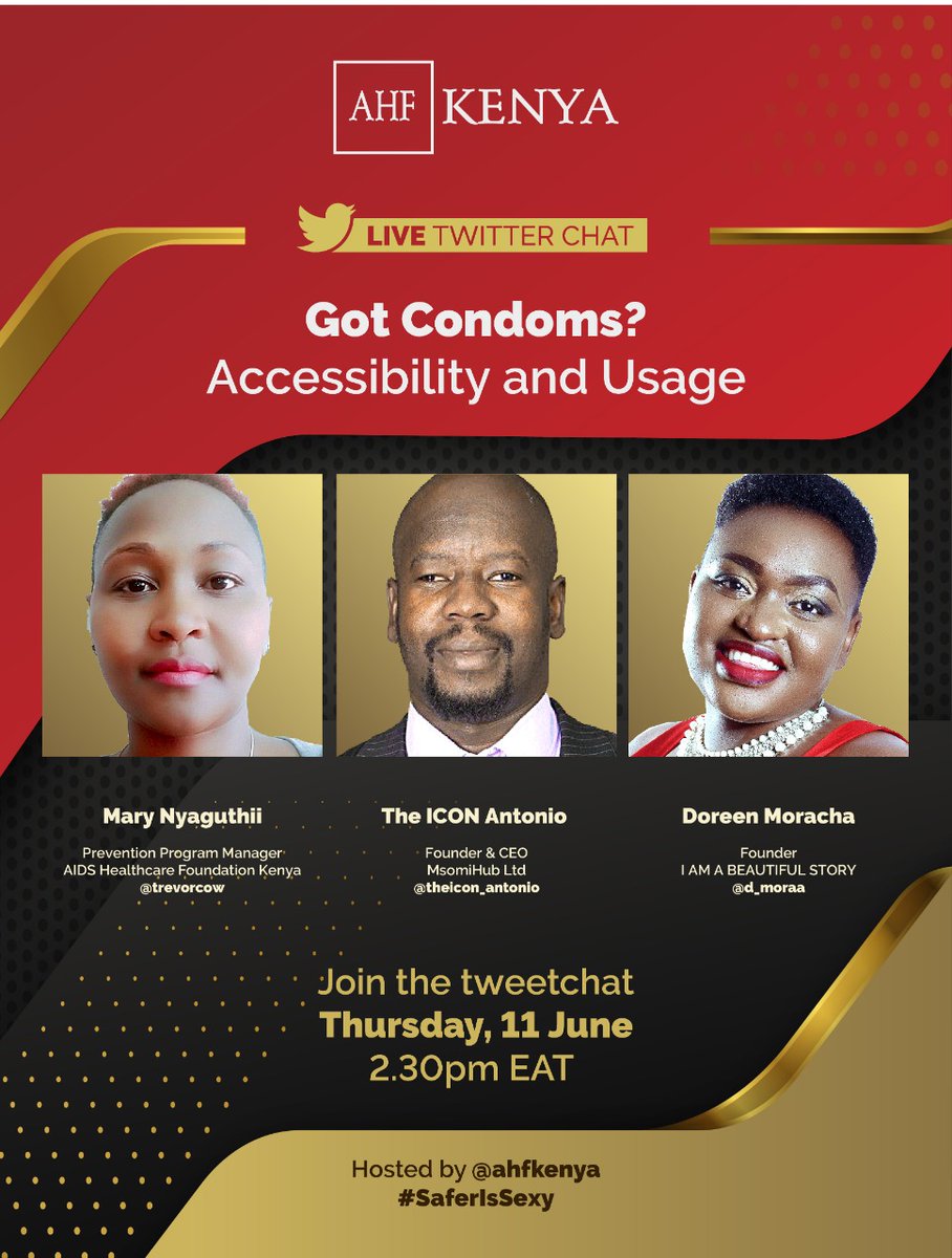 ahfkenya's tweet photo. Meet Our Guests.
@theicon_antonio : Sociologist with bias in HIV Prevention &amp; SRH. 10 years’ experience in Business &amp; program Development. Founder &amp; CEO @MsomiHub Ltd specialists in workplace Wellness, Occupational Health &amp; Safety. #SaferisSexy @D_Moraa @trevorcow @ahfafrica https://t.co/6ZTpNiVQhp