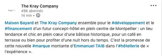 EmmanuelTaib's tweet photo. 🔥 Merci à The Kray Company de nous accompagner dans le #développement et le #financement de notre futur boutique-hôtel Maison Bayard qui verra le jour bientôt à📍Montpellier ! https://t.co/MzCCLDq2F7