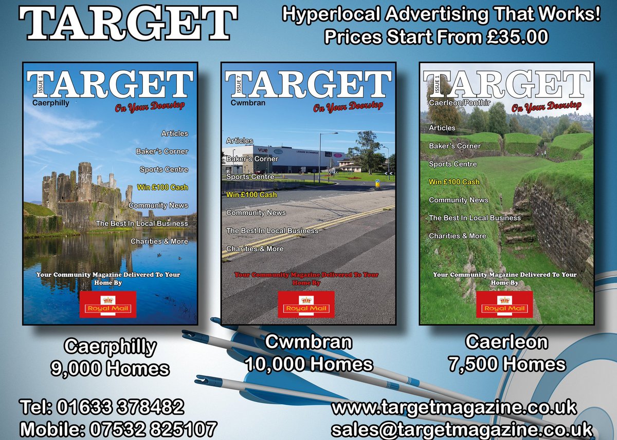 Promote your business in our beautifully designed magazine delivered to over 25,000 homes across South Wales. Discounts available for more than one magazine.
With Royal Mail delivery and prices starting from £35.00 Target gives you the most for your advertising budget.