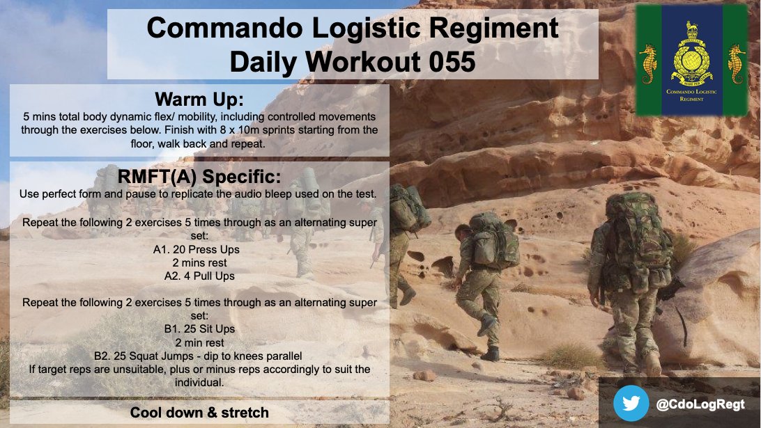 CdoLogRegt's tweet photo. Good morning and here is your daily #workout courtesy of our RPTI which is designed to prepare serving @RoyalMarines for their Annual Fitness Test. Work hard, conduct the exercises correctly and remember to keep hydrated. Enjoy! #RMFit @NAVYfit https://t.co/NdO3XWcINp