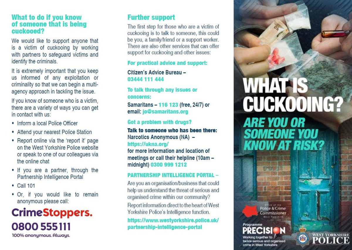 WYPModSlavery's tweet photo. What to do if you know of someone that is being cuckooed? #CountyLines #ModernSlavery #ProgrammePrecision https://t.co/Mc3CpqAdyf